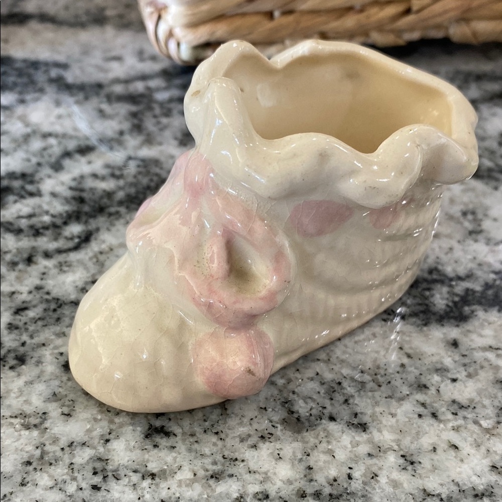 Classic Vintage Ceramic Baby Shoe Planter in Cream with Pink Accents!